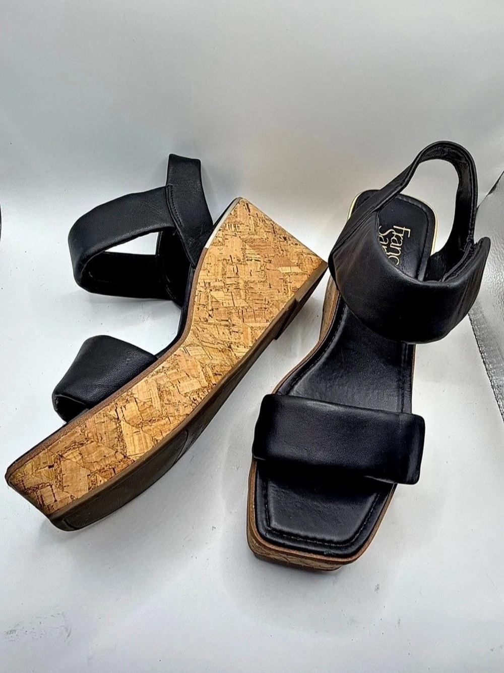 Franco Sarto Sweety Black Leather Cork Wedge Platform Sandals - Size 9.5